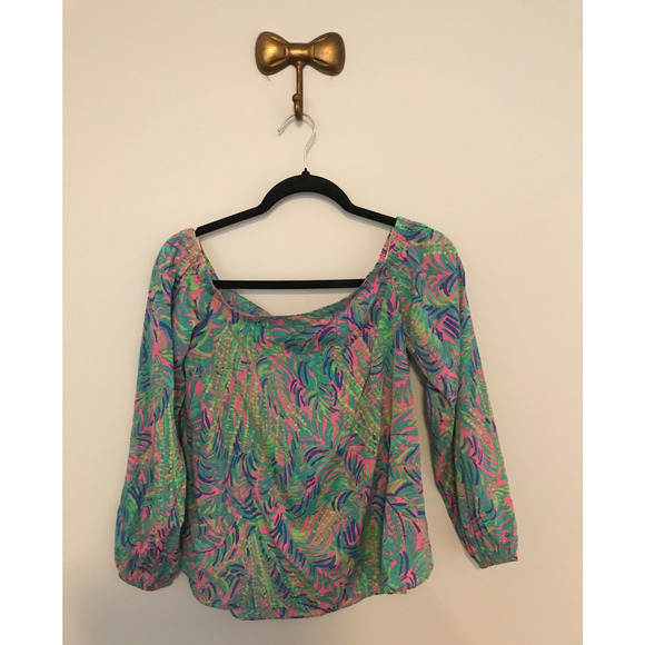 Lilly Pulitzer Adira Pink Sunset Coco Breeze Silk Off-Shoulder Top - Size Small - Picture 2 of 10